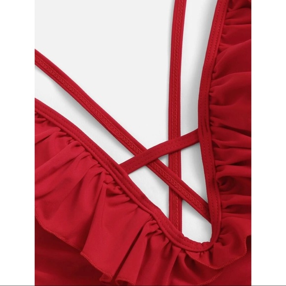 SALE! Red Ruffle Criss Cross Backless One Piece Swimsuit - Picture 3 of 4